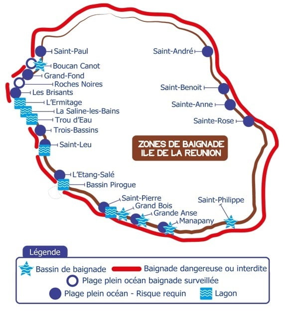 Carte 2013 des zones de baignade à la Réunion 